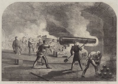 La batería principal en Fort Sumter, cañones apuntando a Fort Moultrie y el canal durante la acción del viernes, 12 de abril de Thomas Nast